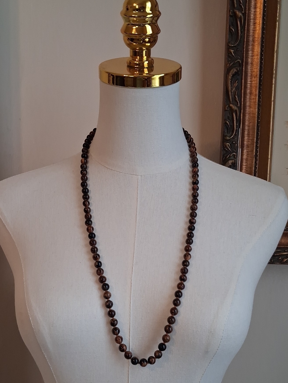 Tiger Eye Style Brown Beaded Necklace Long Glass Bead Strand Necklace OS